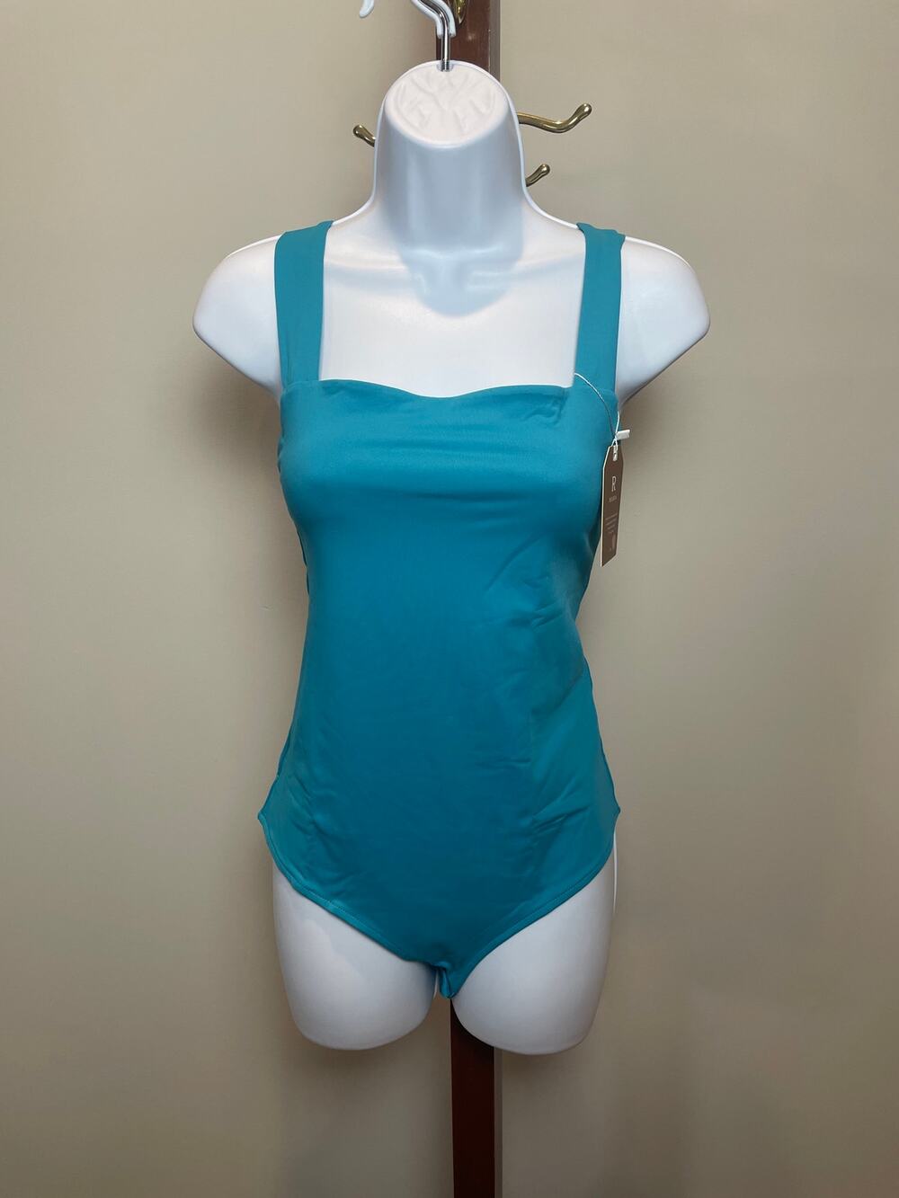 Reoria Size L Turquoise Bodysuit Square Neck Wide Straps Stretchy Fabric NWT
